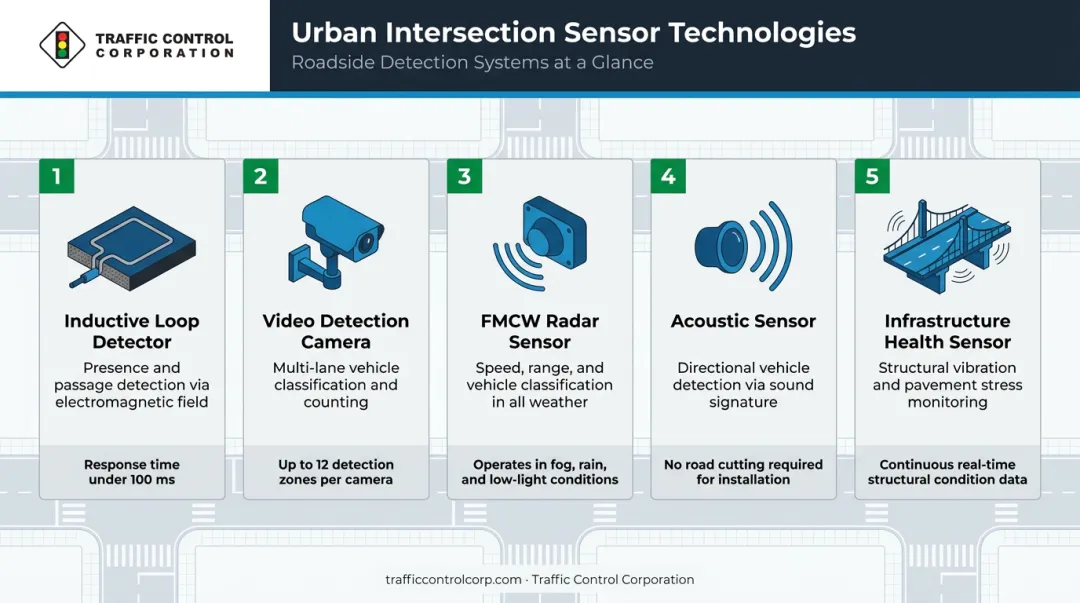 Five smart city intersection sensor types comparison infographic with key specifications
