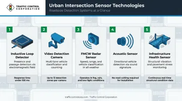 Five smart city intersection sensor types comparison infographic with key specifications