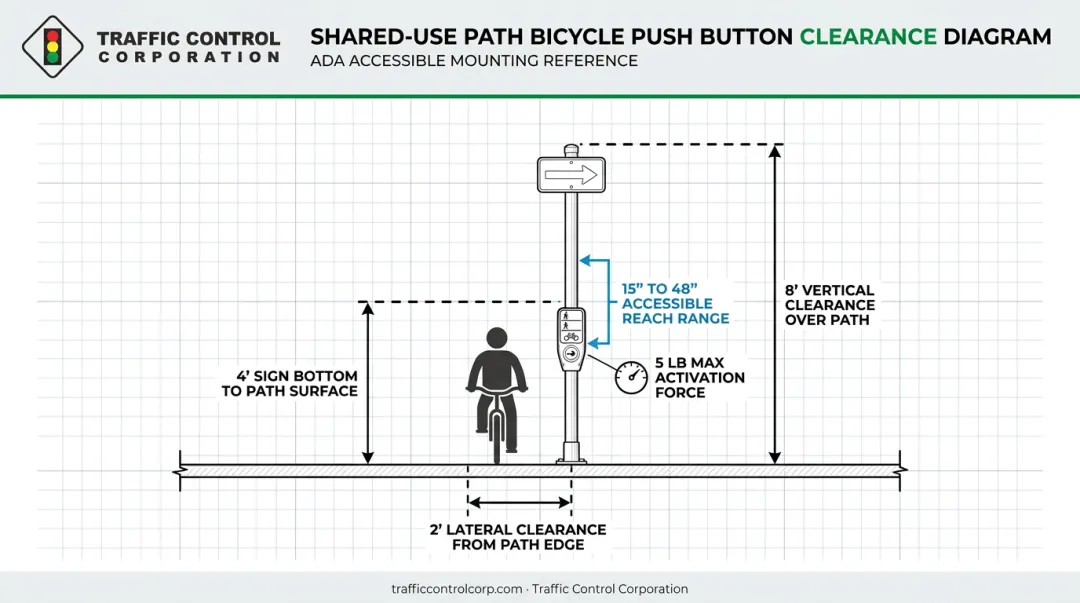 Bicycle push button clearance and accessible reach range mounting diagram