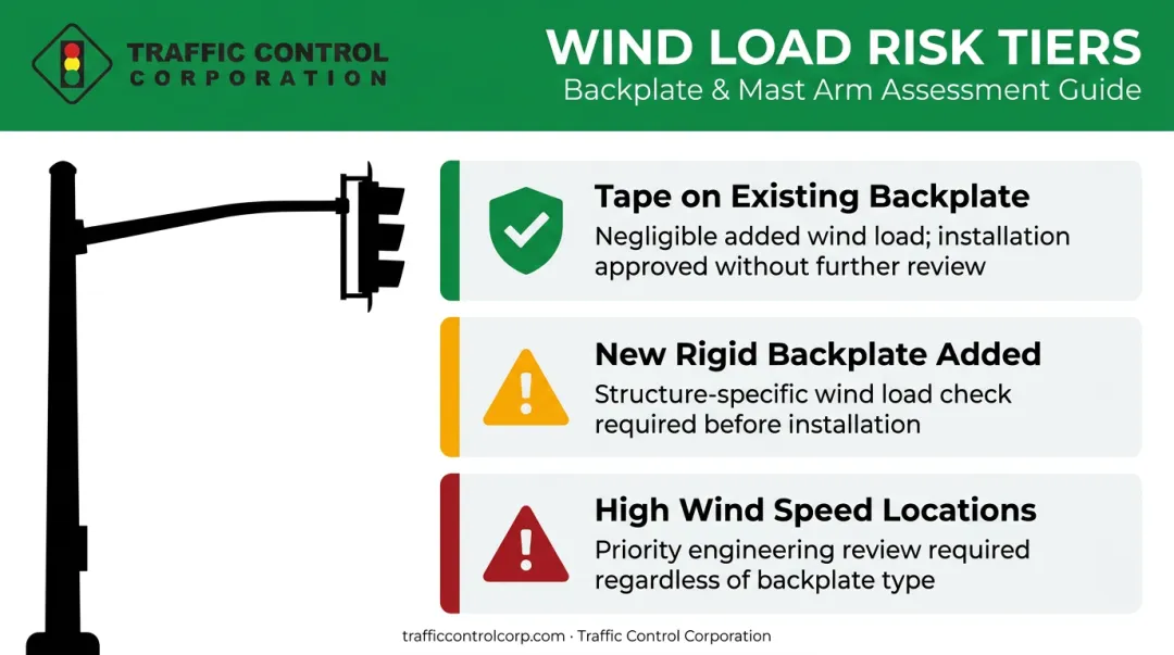 Wind load risk levels for retroreflective backplate installation types