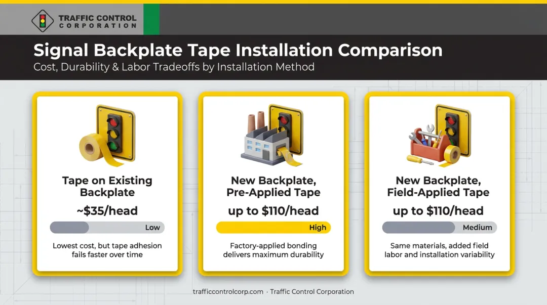 Three retroreflective backplate installation methods compared by cost and durability