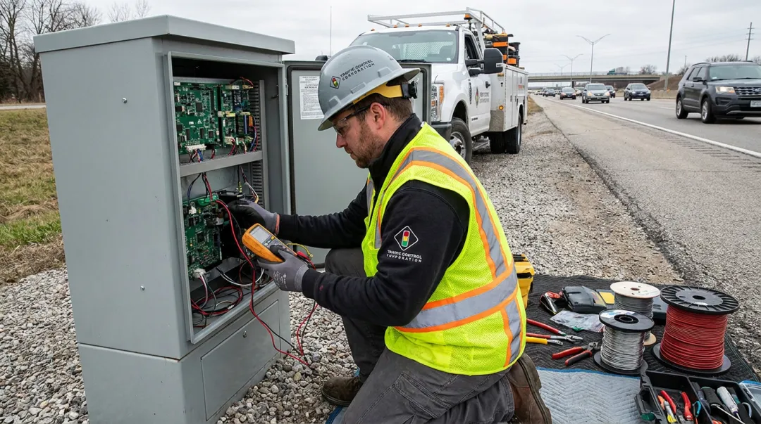 Field service technician installing and calibrating roadside traffic sensor equipment