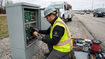 Field service technician installing and calibrating roadside traffic sensor equipment