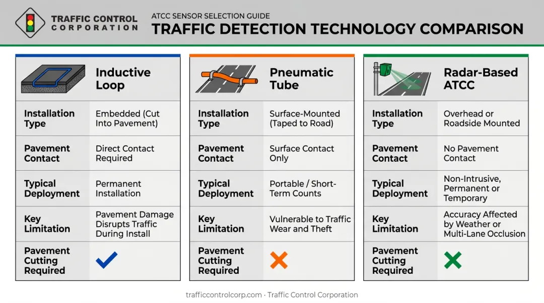 Comparison of inductive loop pneumatic tube and radar ATCC sensor technologies