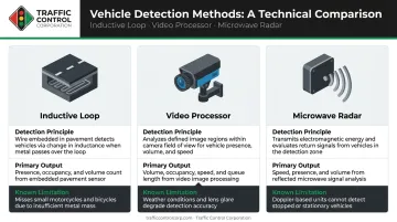 Three traffic signal vehicle detection methods comparison chart with limitations