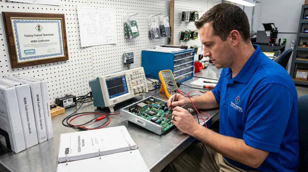 TCC certified technician testing and certifying an MMU conflict monitor unit