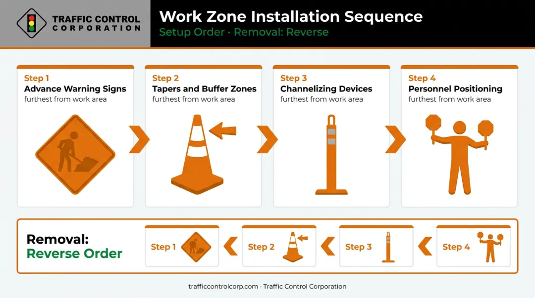 4-step work zone setup and teardown sequence installation order infographic