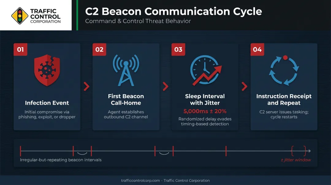 Cobalt Strike beacon C2 communication lifecycle with sleep and jitter intervals