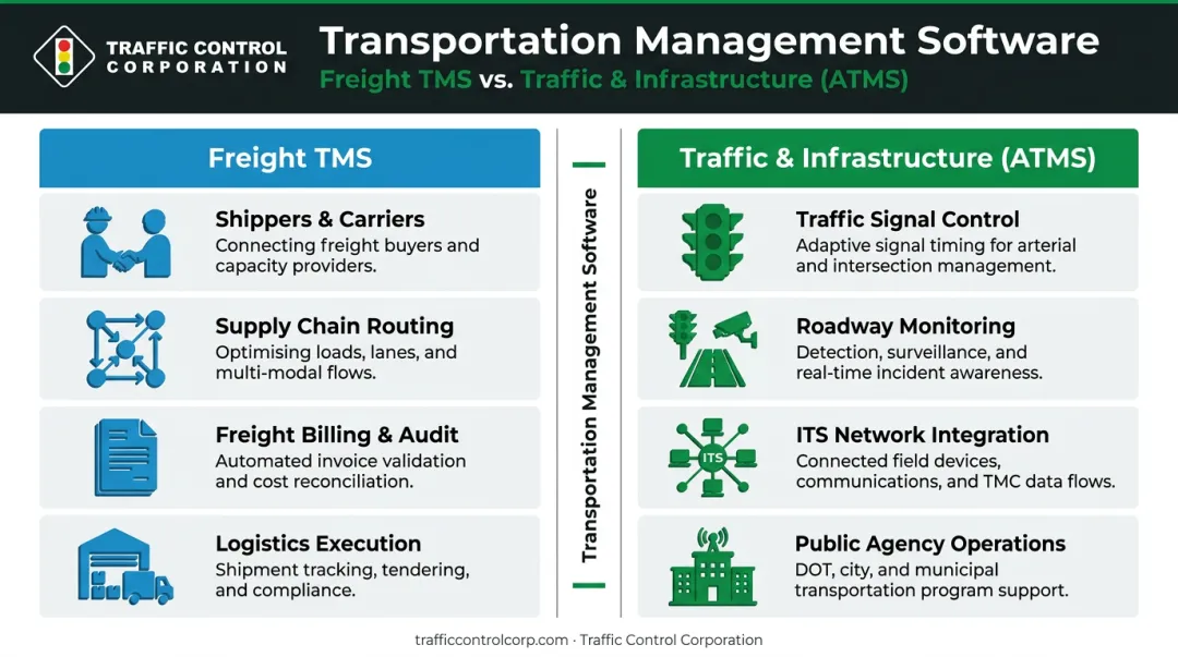 TMS versus ATMS transportation management software two-category comparison infographic