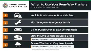 Five correct four-way flasher use cases with state speed thresholds infographic