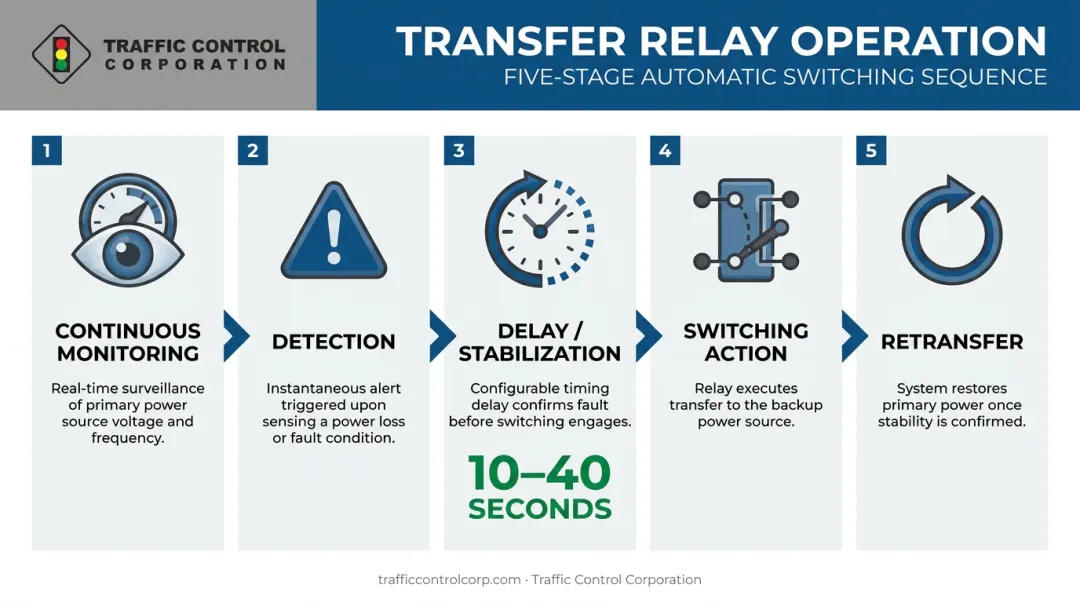 5-step transfer relay switch power failure detection and transfer sequence