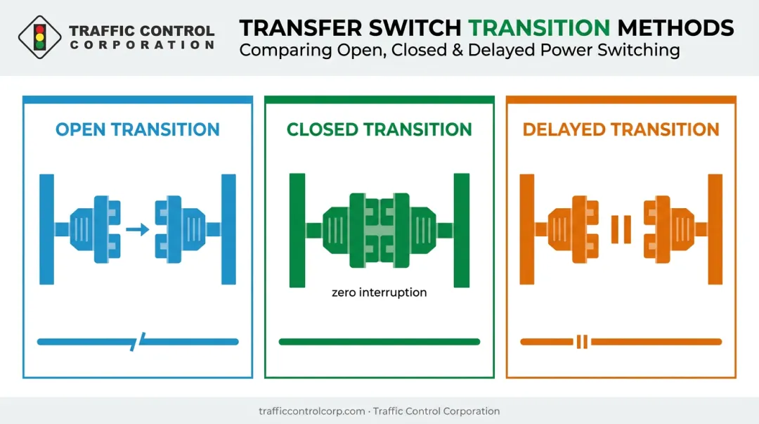 Open closed and delayed transition types comparison for transfer switches
