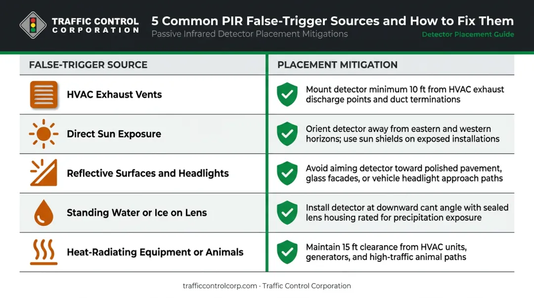 PIR sensor false trigger sources checklist with placement mitigation strategies illustrated