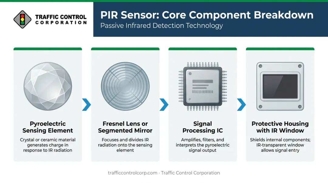 Four key PIR sensor components diagram from element to housing