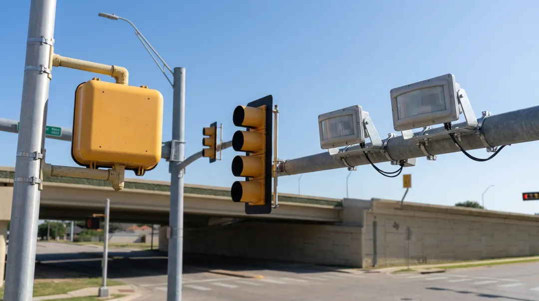 PIR traffic sensor mounted on pole detecting vehicle at signalized intersection approach