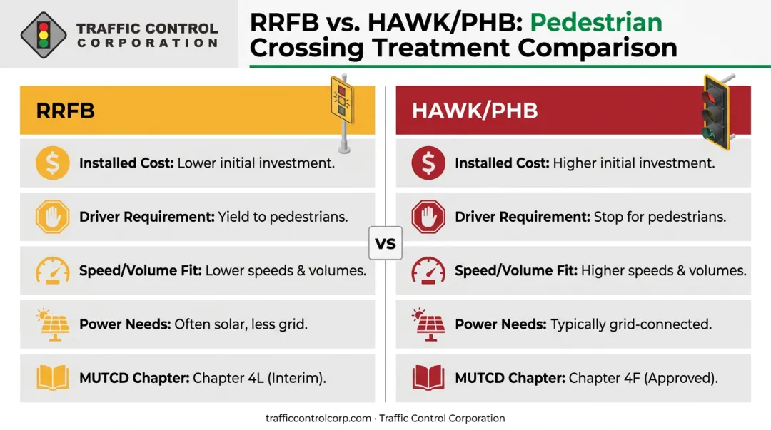 RRFB versus HAWK beacon cost speed and MUTCD chapter comparison
