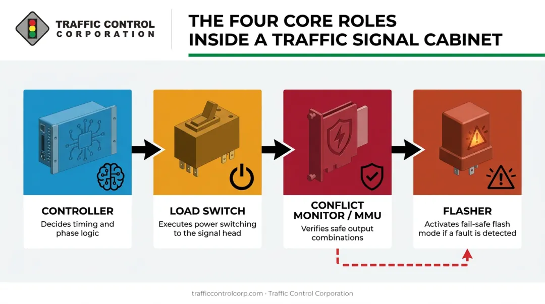 Traffic cabinet system architecture showing controller load switch and conflict monitor roles