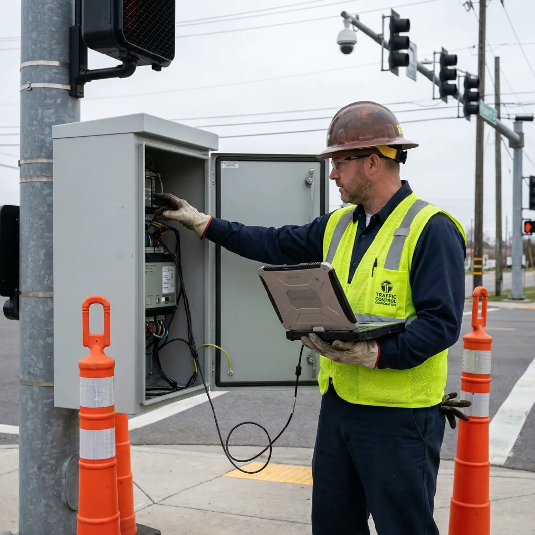 Traffic signal technician servicing intersection equipment