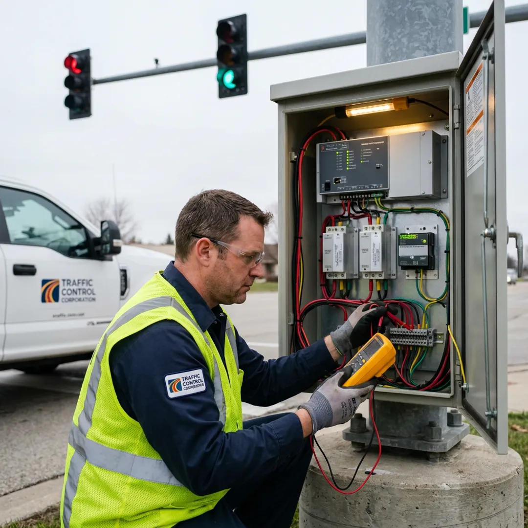 Technician inspecting traffic signal cabinet