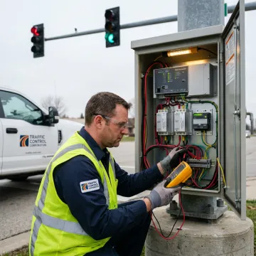 Technician inspecting traffic signal cabinet