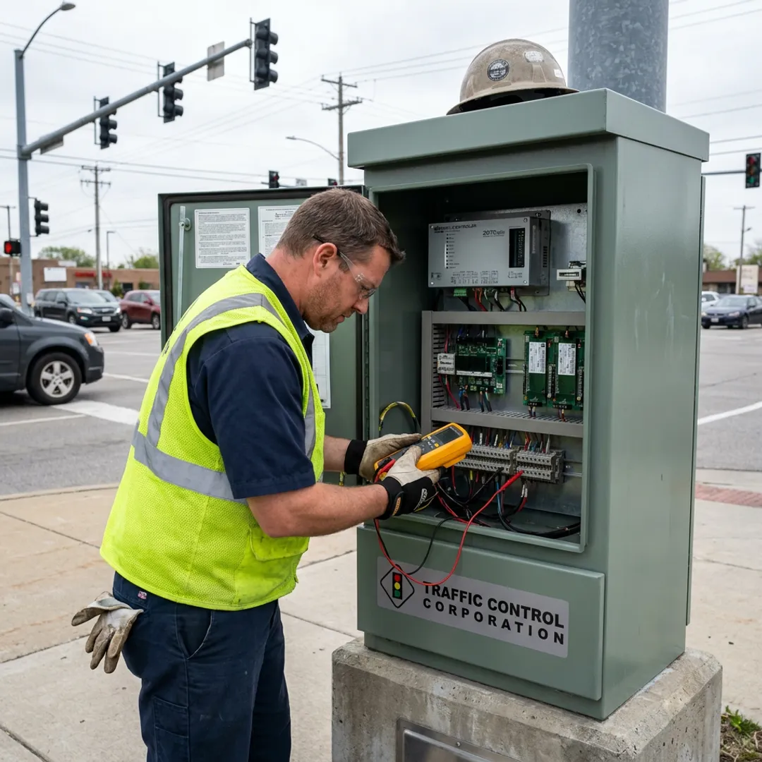 Technician inspecting traffic signal cabinet