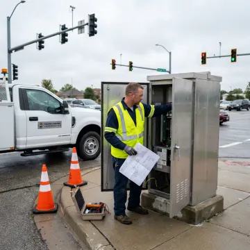 Traffic signal technician servicing control cabinet