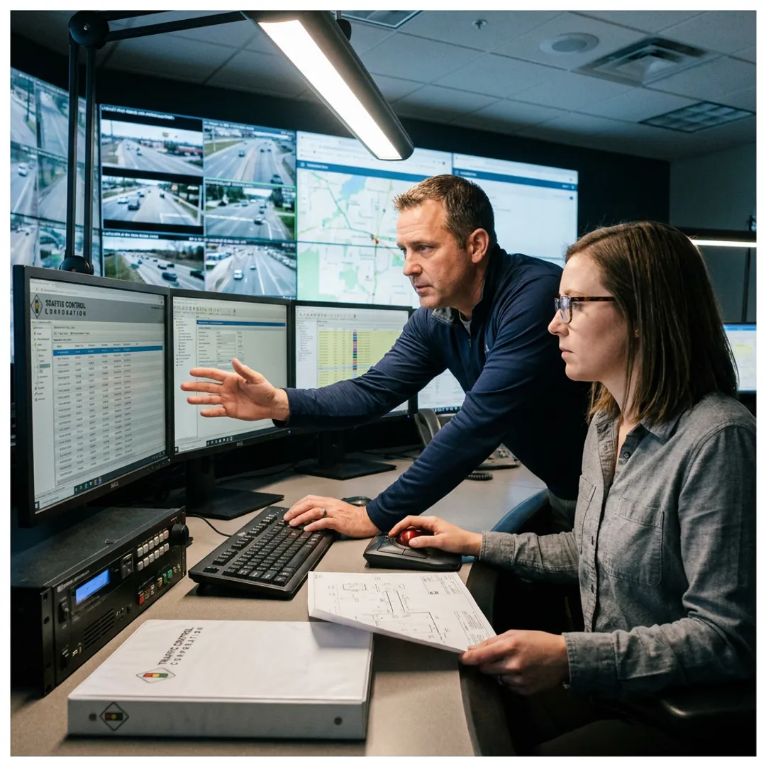 Traffic management technician monitoring signalized intersections