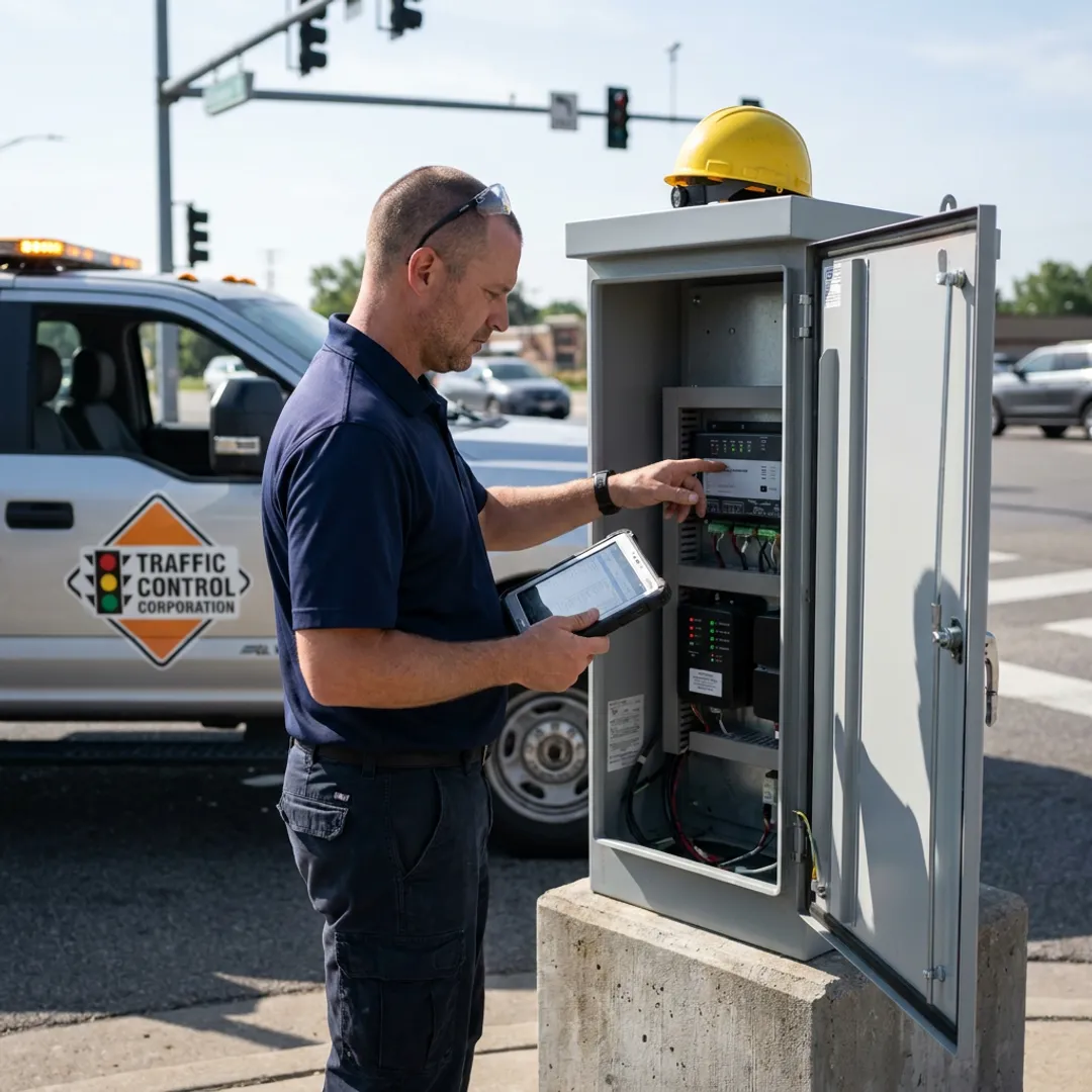 Technician checking traffic signal control equipment