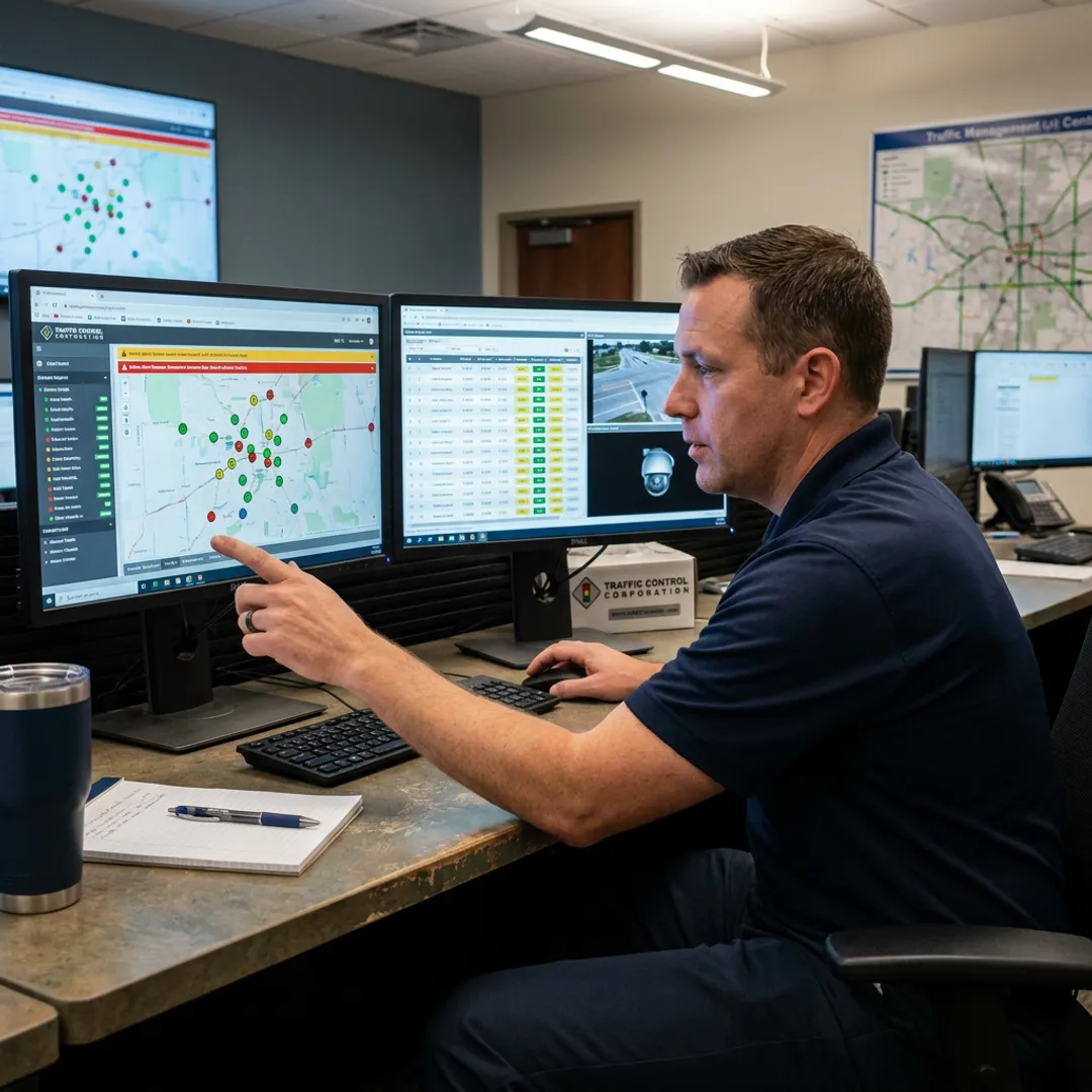 Technician reviewing traffic management software dashboard