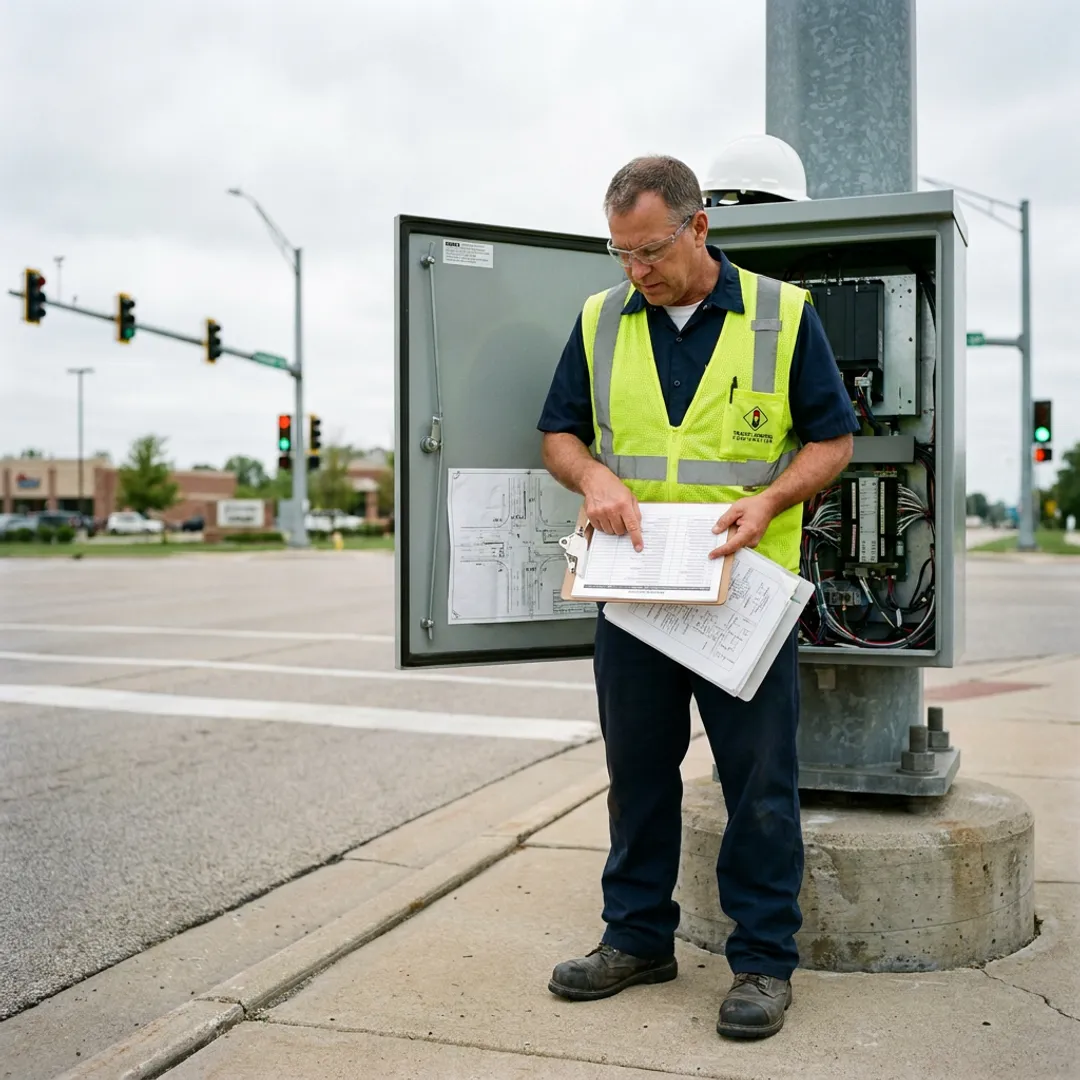 Traffic technician documenting signal cabinet service