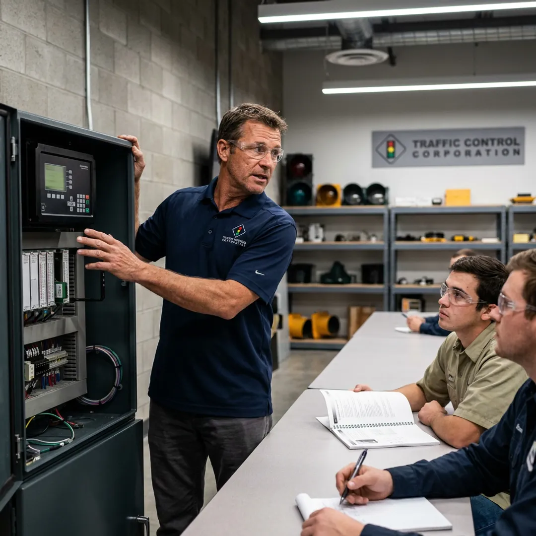 Technician leading traffic signal equipment training