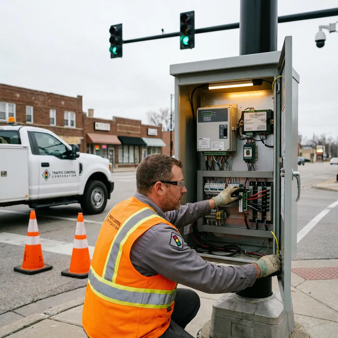 Traffic signal technician servicing intersection cabinet