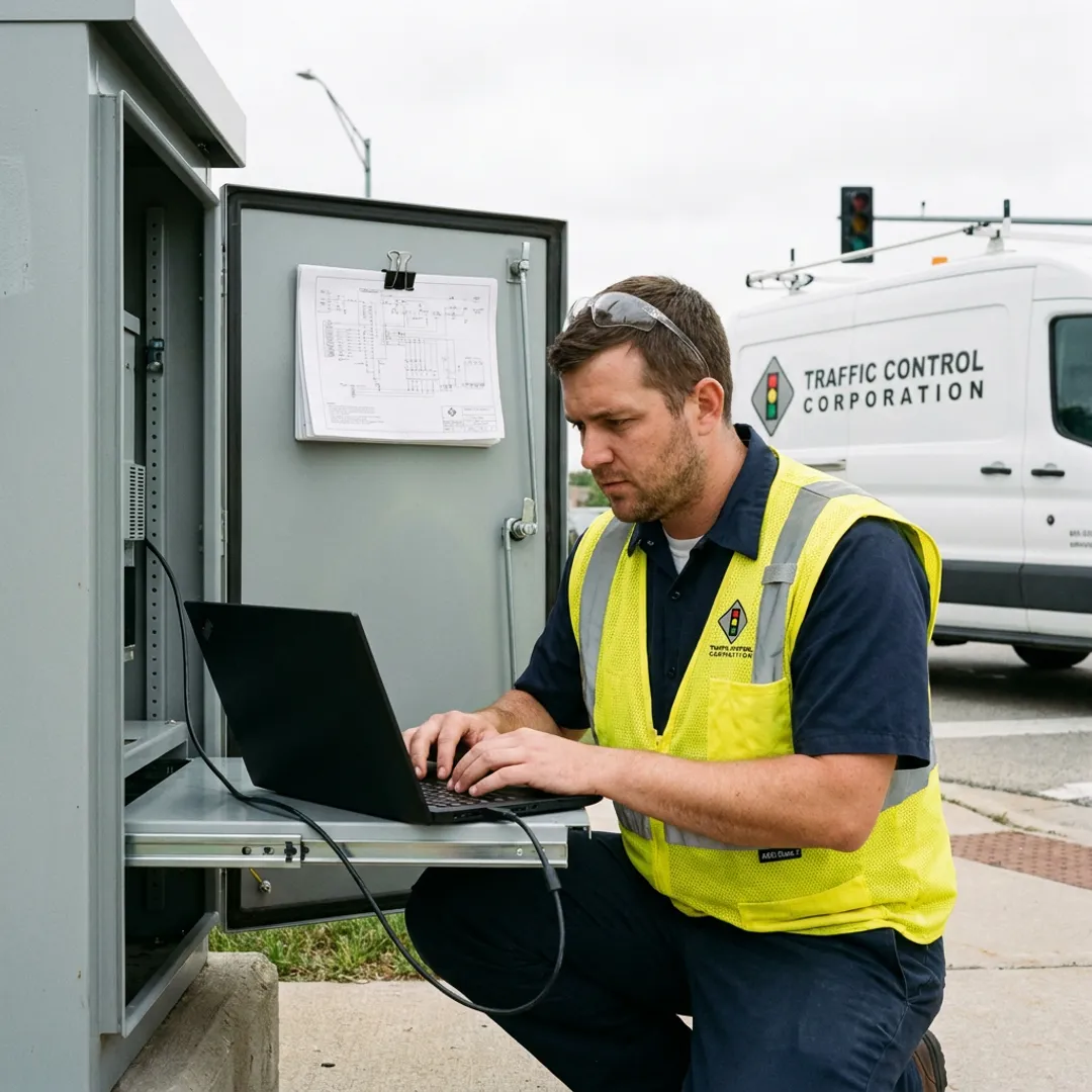 Technician testing traffic signal controller cabinet
