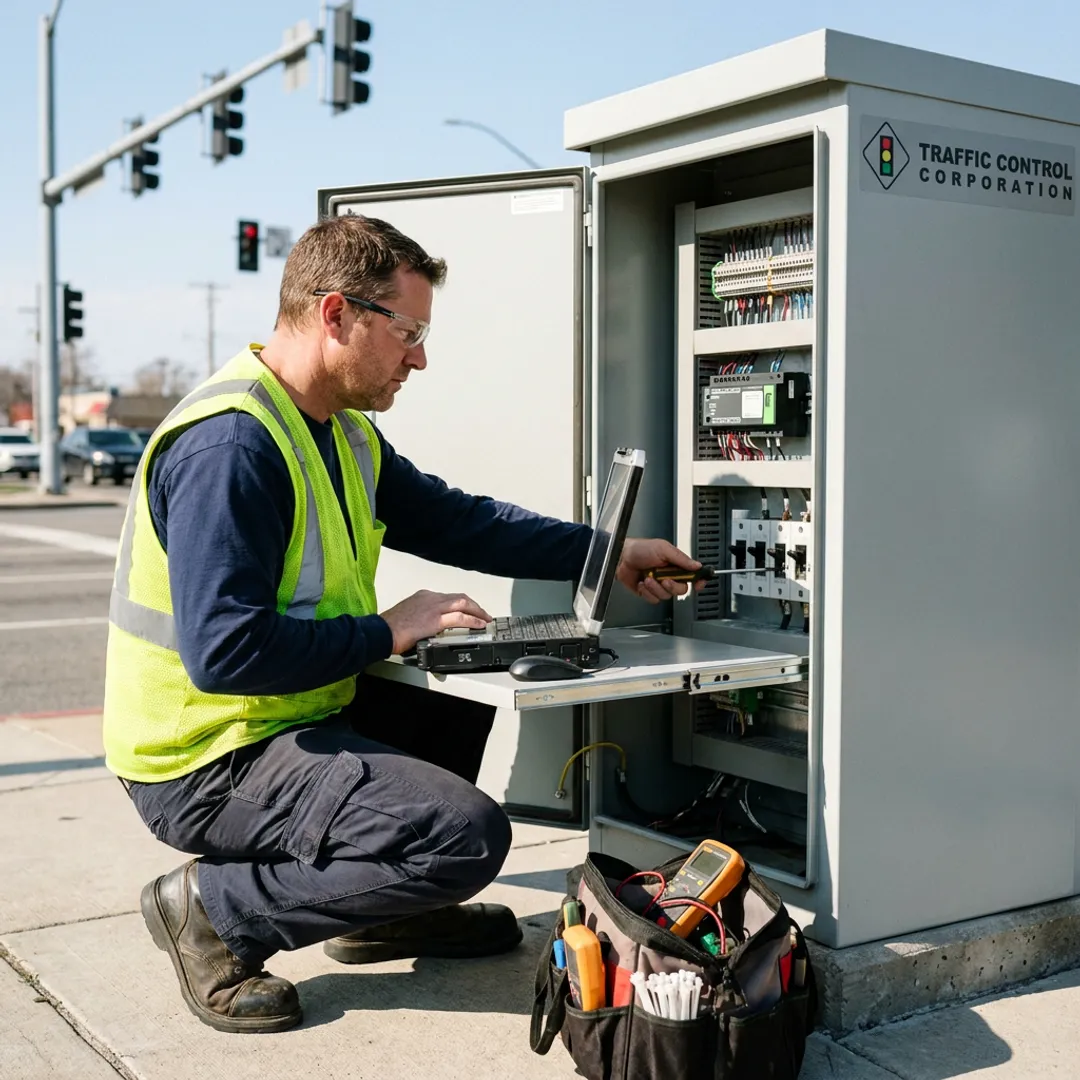 Traffic signal technician testing intersection control equipment