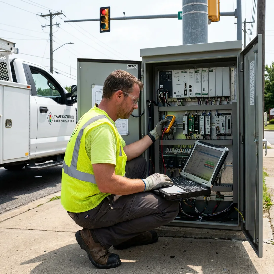 Technician testing traffic signal cabinet