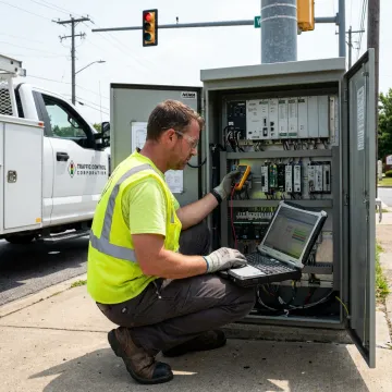 Technician testing traffic signal cabinet