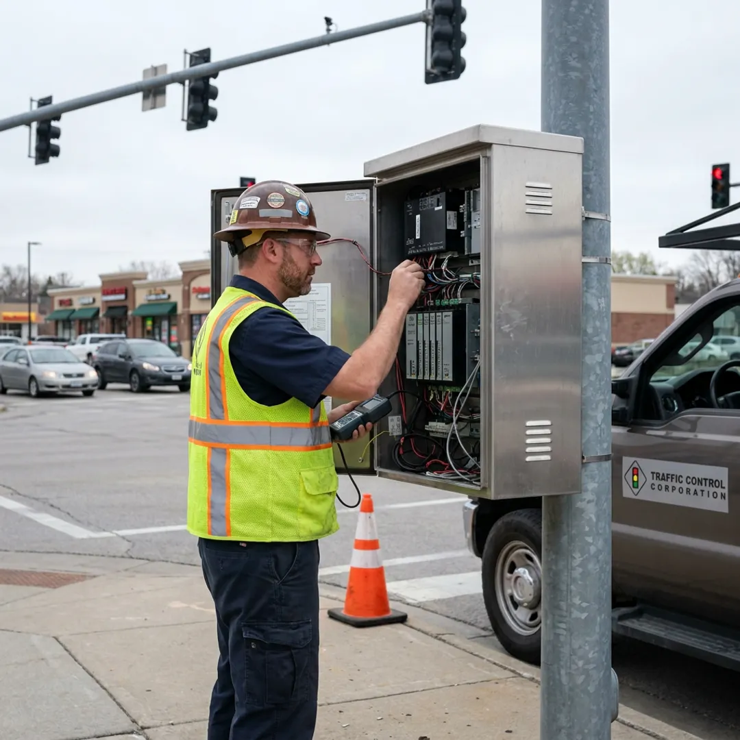 Technician inspecting a traffic signal cabinet