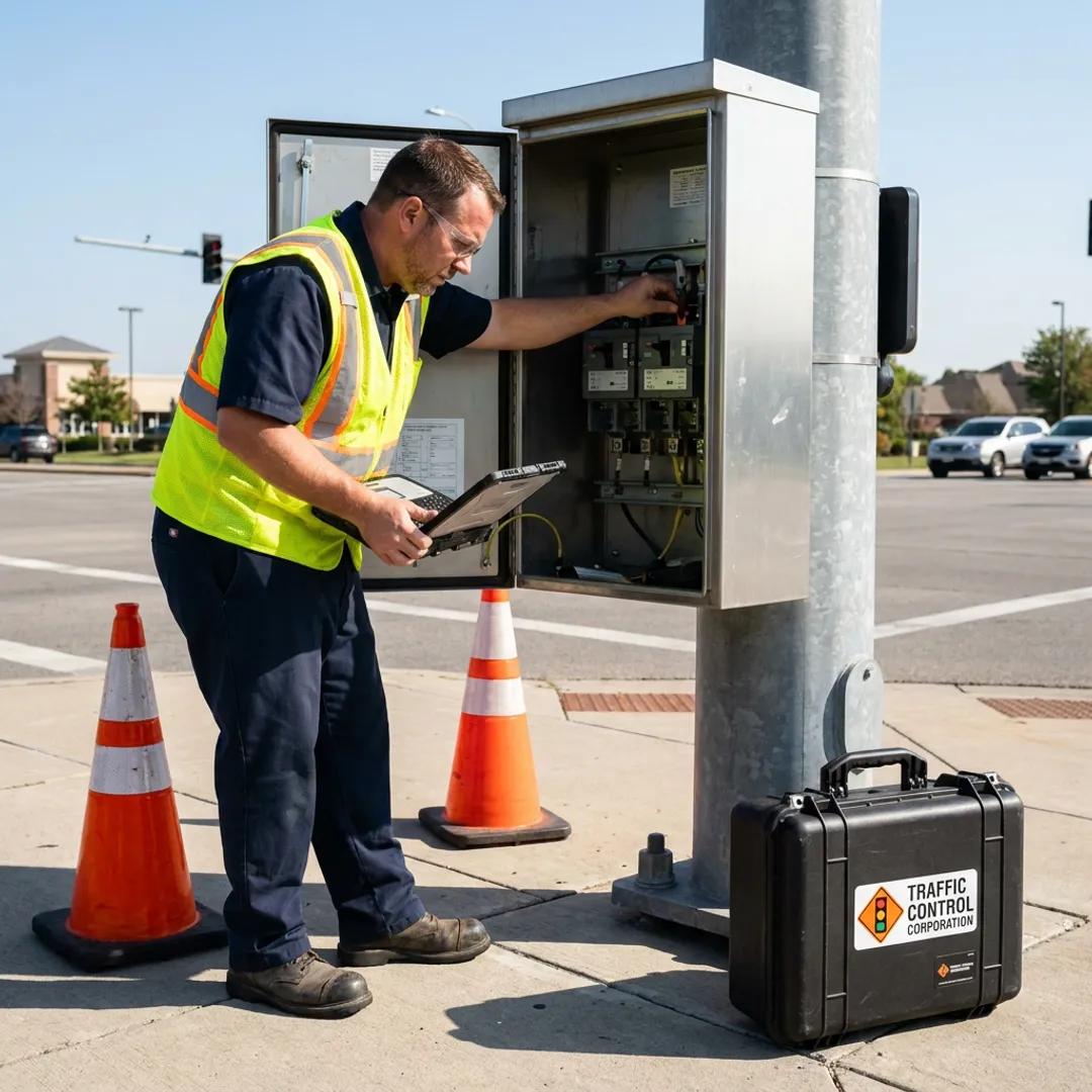 Technician servicing traffic signal cabinet
