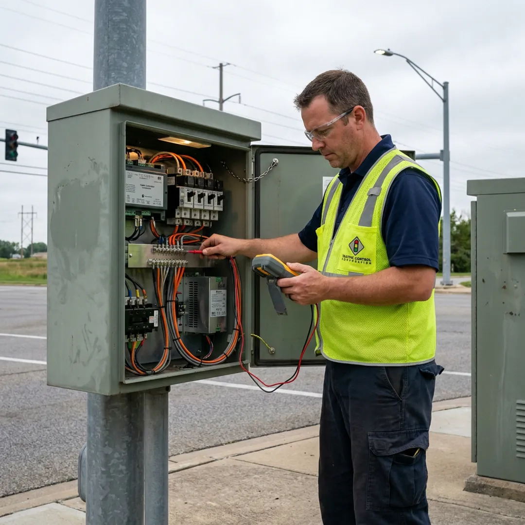 Technician testing LED lighting controls