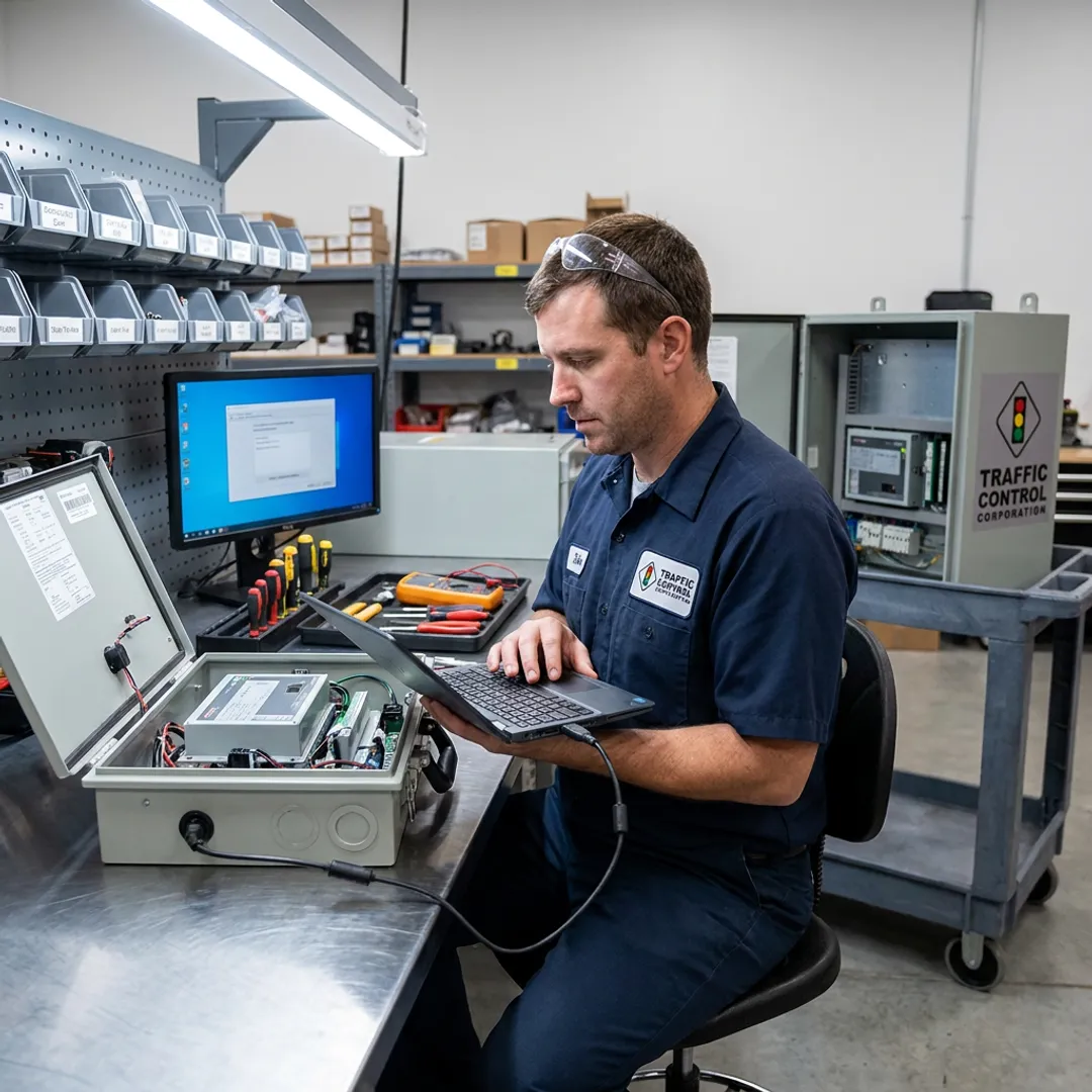 Technician testing traffic signal controller equipment