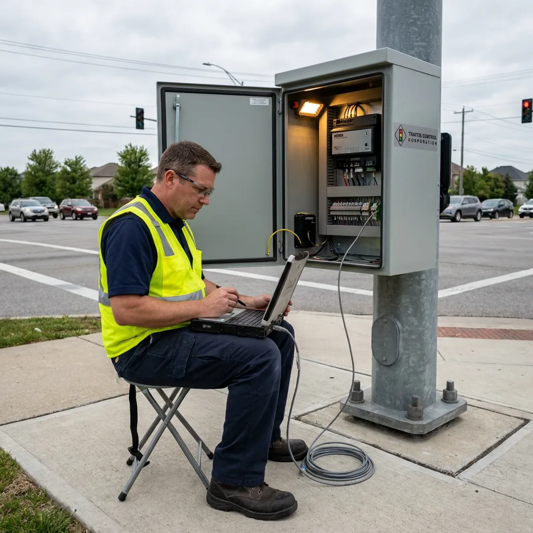 Technician reviewing traffic detection camera analytics