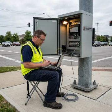 Technician reviewing traffic detection camera analytics