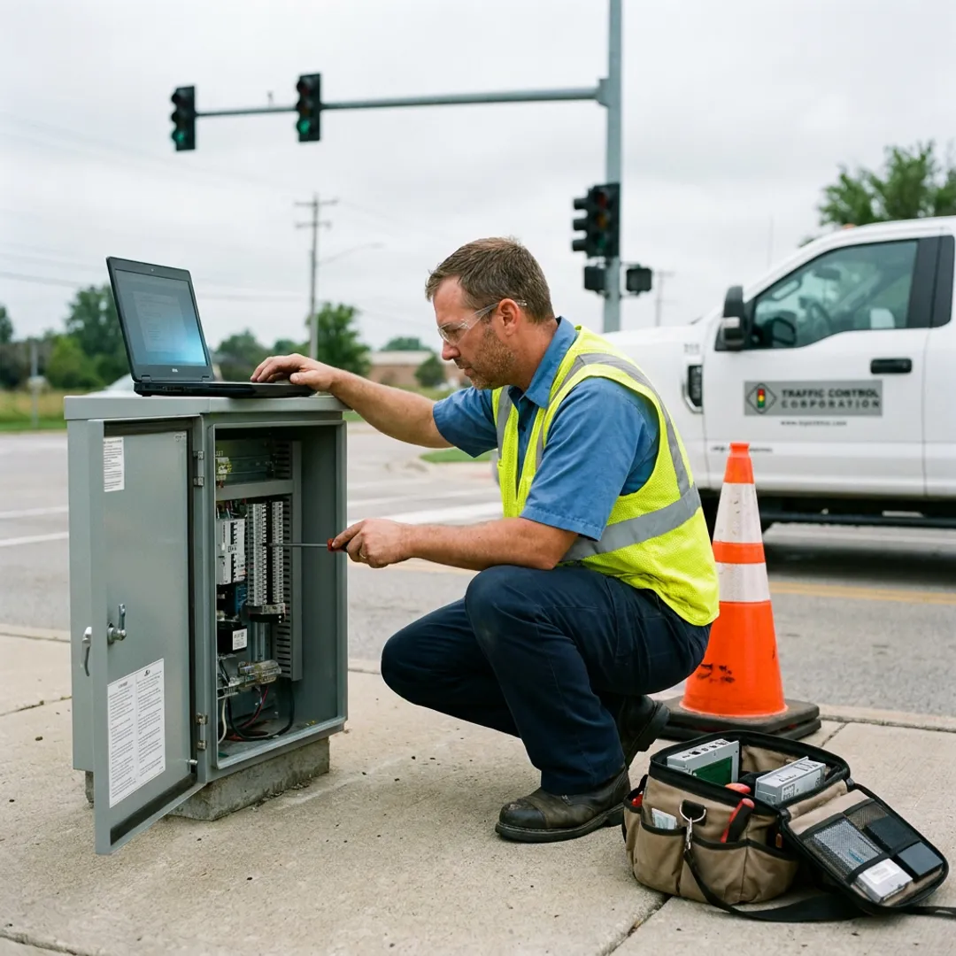 Traffic control technician testing intersection equipment