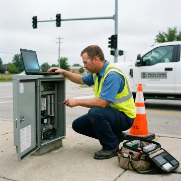 Traffic control technician testing intersection equipment
