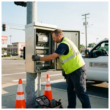 Traffic control technician servicing signal equipment