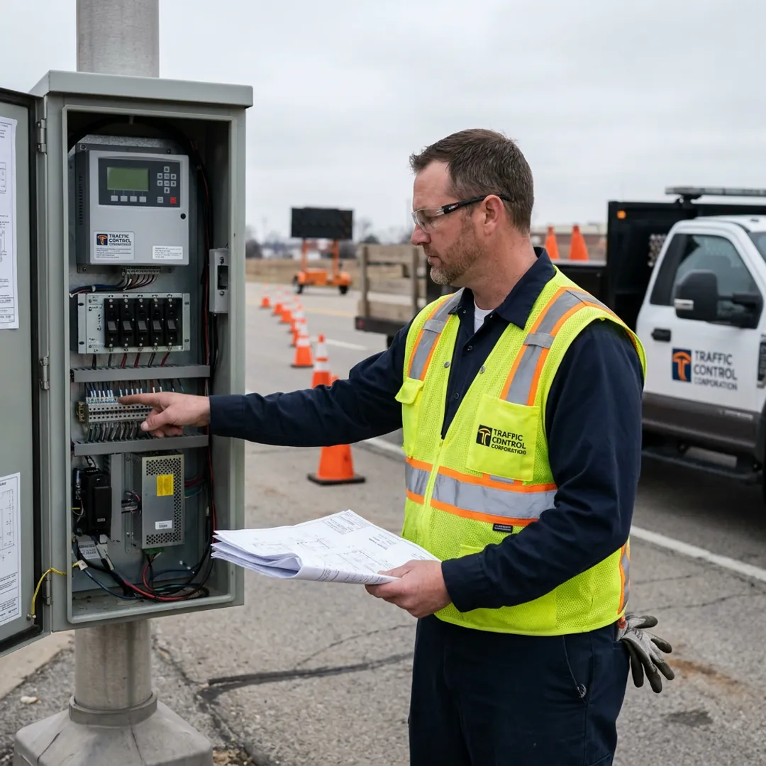Technician reviewing temporary traffic signal equipment