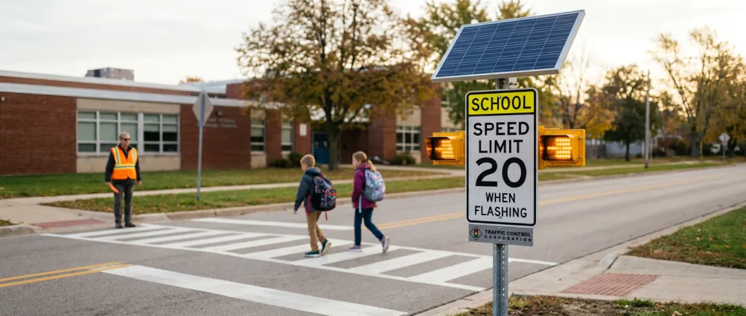 School zone flashing beacon sign