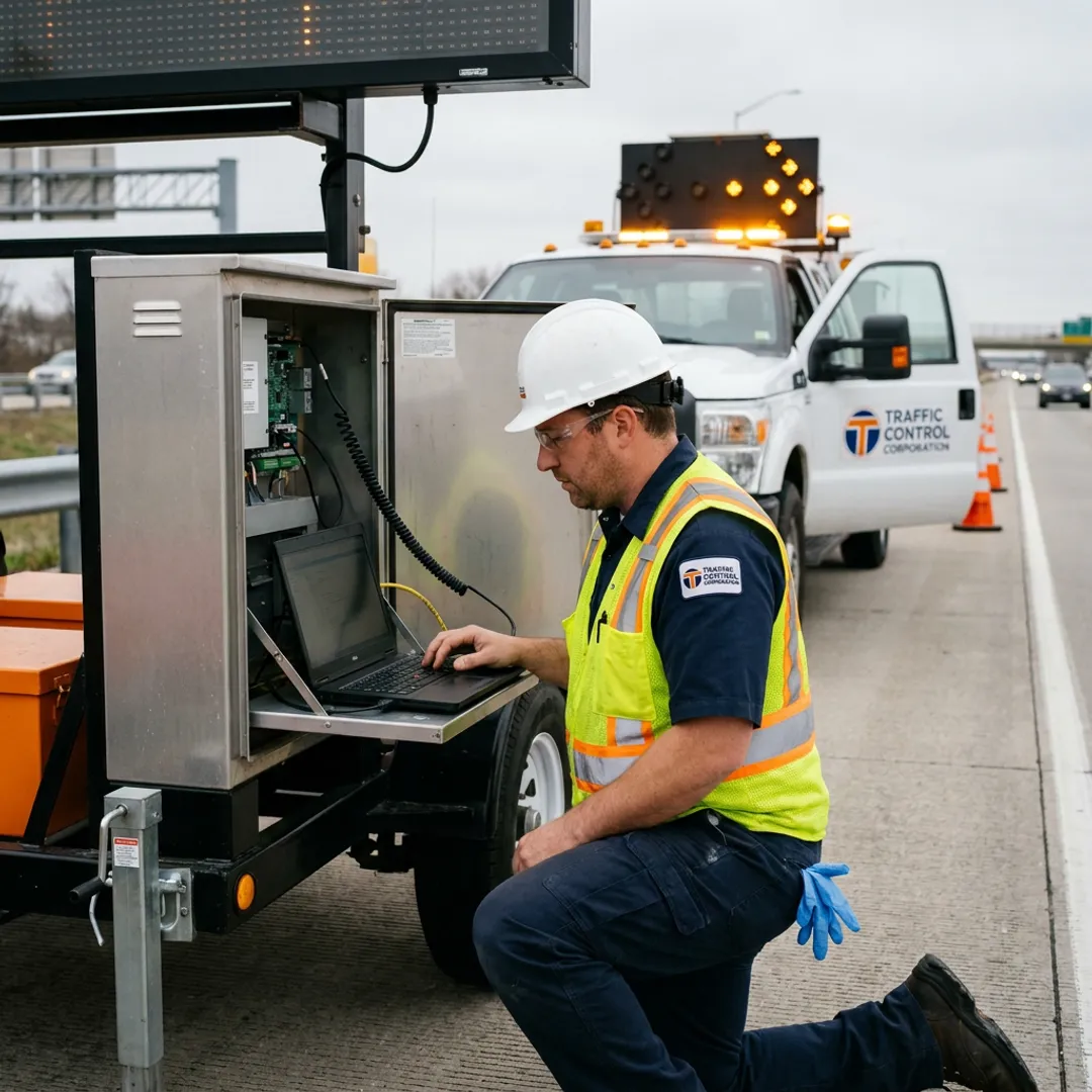 Technician configuring a dynamic message sign cabinet