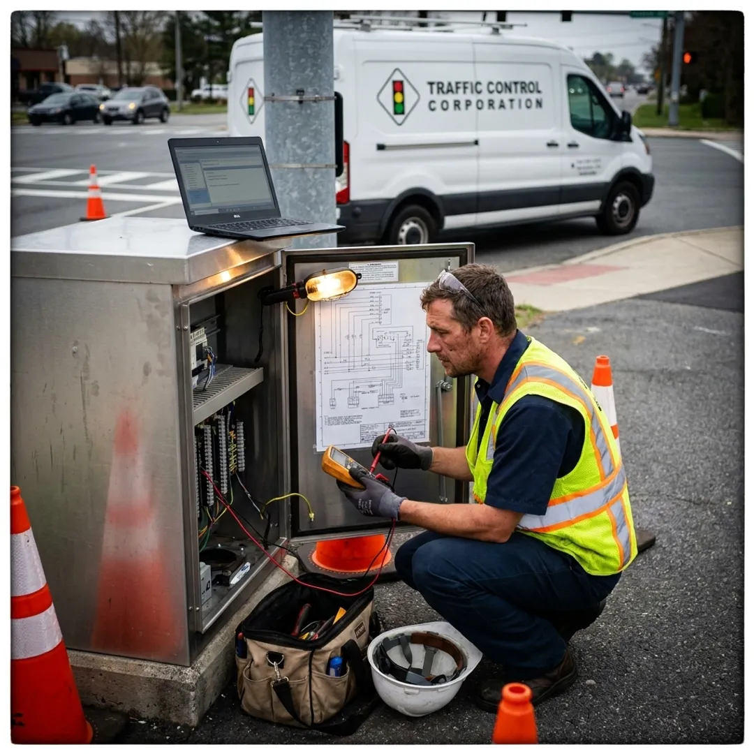 Traffic cabinet technician reviewing equipment