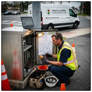 Traffic cabinet technician reviewing equipment